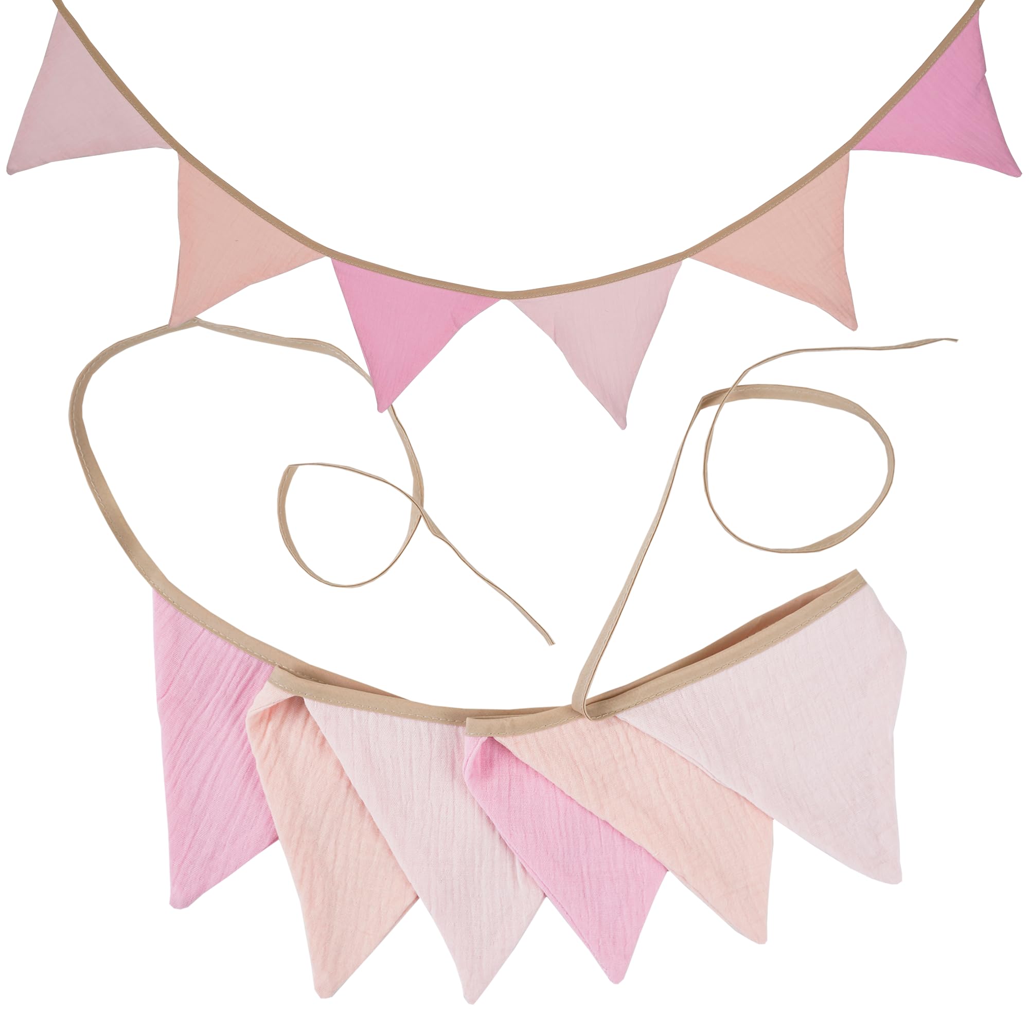 G2PLUS Muslin Fabric Bunting for Nursery: 6PCS Double Side Cloth Triangle Banner, Pastel Pink Cotton Bunting Banner for Baby Room, Nursery, Baby Shower Decor, 1.9m
