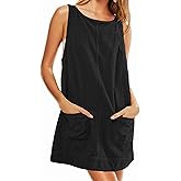 Womens Corduroy Overalls Dress Crewneck Cored Low Open Back Skirtall Jumper Mini Dress Pinafore with Pockets,Black,2X