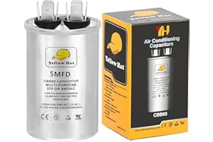 HVAC YELLOW HAT Capacitor for Air Conditioner 5 uf MFD 370 or 440 Volt VAC, Multi-Purpose Round Capacitor for AC Motor Run or Fan Motor Start or Condenser Straight