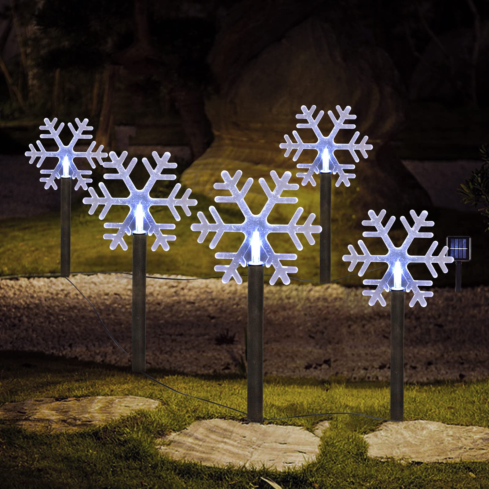 Photo 1 of ILLUMINEW Christmas Snowflake Pathway Lights, 5 Pack Solar Christmas Stake Markers with Cool White Fairy Lights for Outdoor Holiday Walkway Patio Garden Christmas Decorations (5PCS-Cool White-Snow)