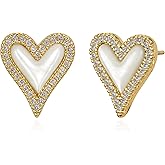 FETTERO Gold Earrings for Women 14K Gold Plated Love Heart Stud Earrings | Dainty Heart Earrings Studs Jewelry Mother of Pearl Earrings for Birthday Gift