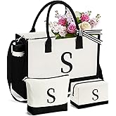 mibasies 1 Embroidered Initial Canvas Tote Bag with 2 Makeup Bags Set, Birthday Gifts for Women