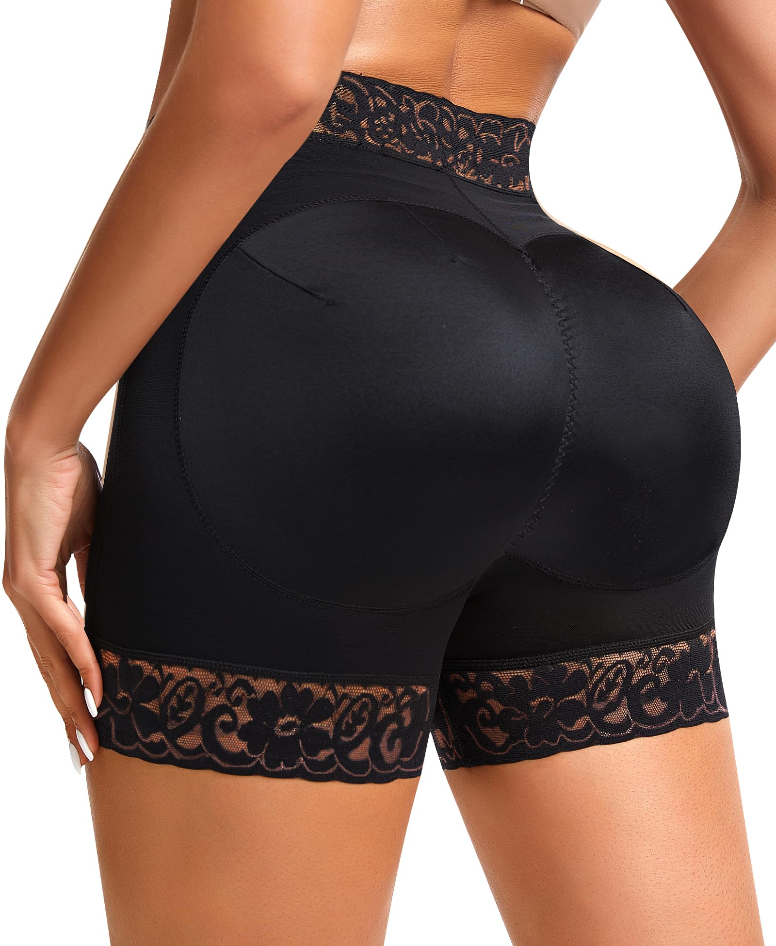 Photo 1 of DERCA Padded Underwear for Women Butt Lifting Shapewear Booty Pads Hip Enhancer Lace Boyshorts (Black,Small)