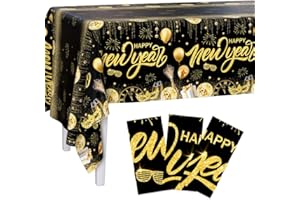 AIBIIN 3 Pcs Happy New Year Tablecloth Black and Glod New Years Eve Decorations Disposable Party Supplies 2026 Disco Happy New Years Eve Plastic Table Cloth Disposable Table Covers 108 x 54 Inch