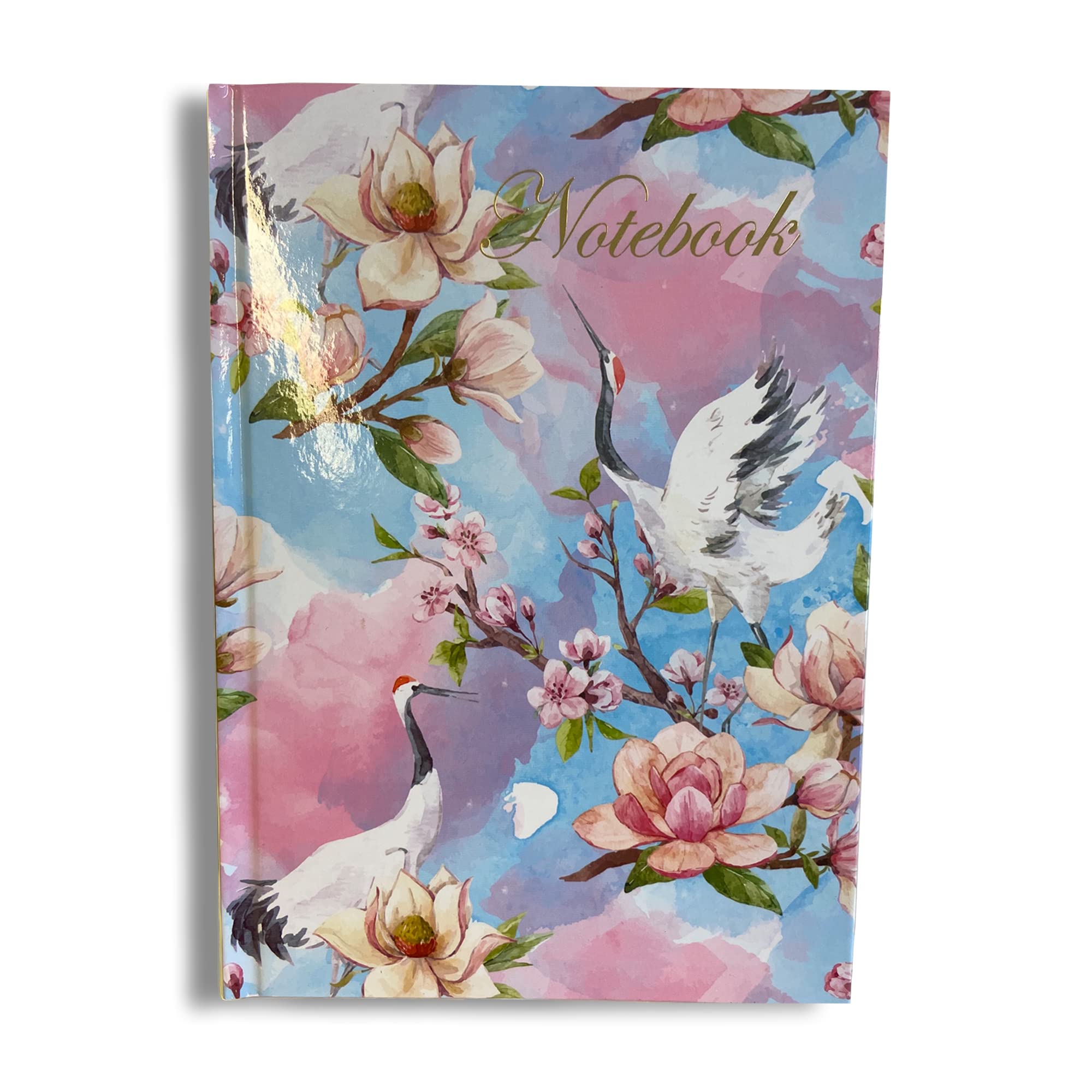Maturi A5 Hardback Notebook, Magnolia Flowers and Cranes Design with Gold Foil Detailing and Gloss Finish