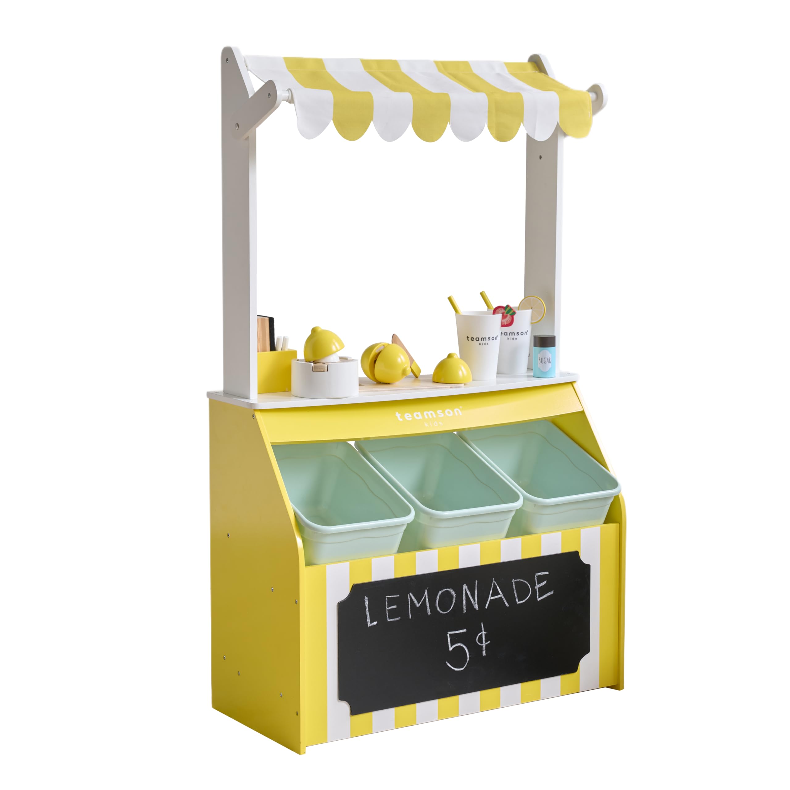 Teamson Kids Wooden Lemonade Stand for Toddlers, Pretend Play Grocery Shop with 18 Accessories, Juice Squeezer, Storage Bins, Yellow White, Age 3+ Image