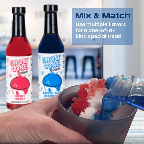 CONCESSION EXPRESS® SNOW CONE SYRUP FUN FLAVORS PACK (5 FLAVORS, 12.7 OZ EACH) – BLUE RASPBERRY, CHERRY, COTTON CANDY, GRAPE & TIGER’S BLOOD – SNOW CONE & SHAVED ICE SYRUPS PERFECT FOR HOME, CONCESSIONS, & PARTIES