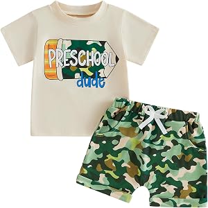 Toddler Boys Back to School Outfit Kids Pencil Shirt Camouflage Shorts Set | Preschool Kindergarten Pre-K Outfits for Boy, 1s