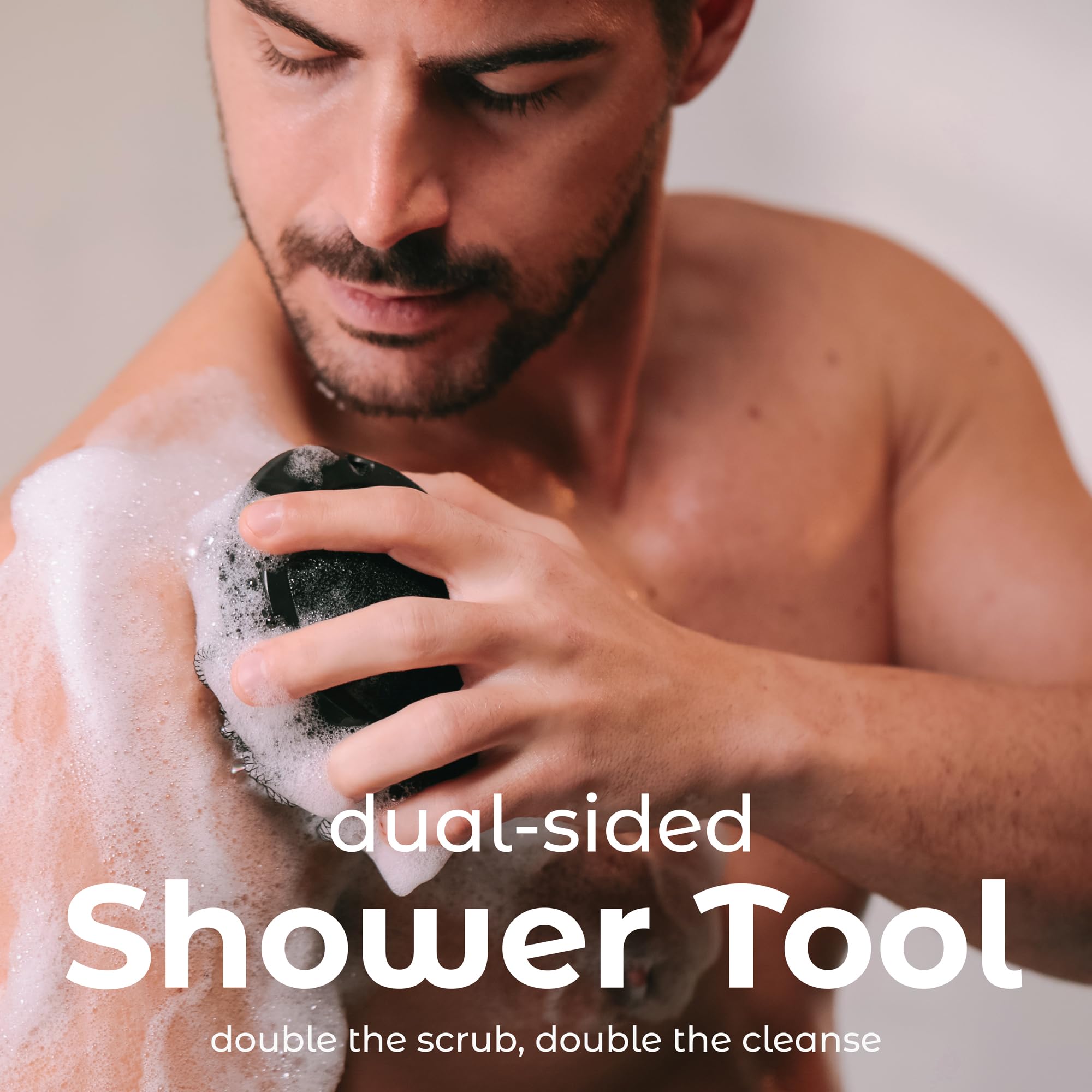 MainBasics Shower Tool Duo 2-1 Shower Loofah Sponge and Exfoliating Body Scrubber (2 Pack, Black)