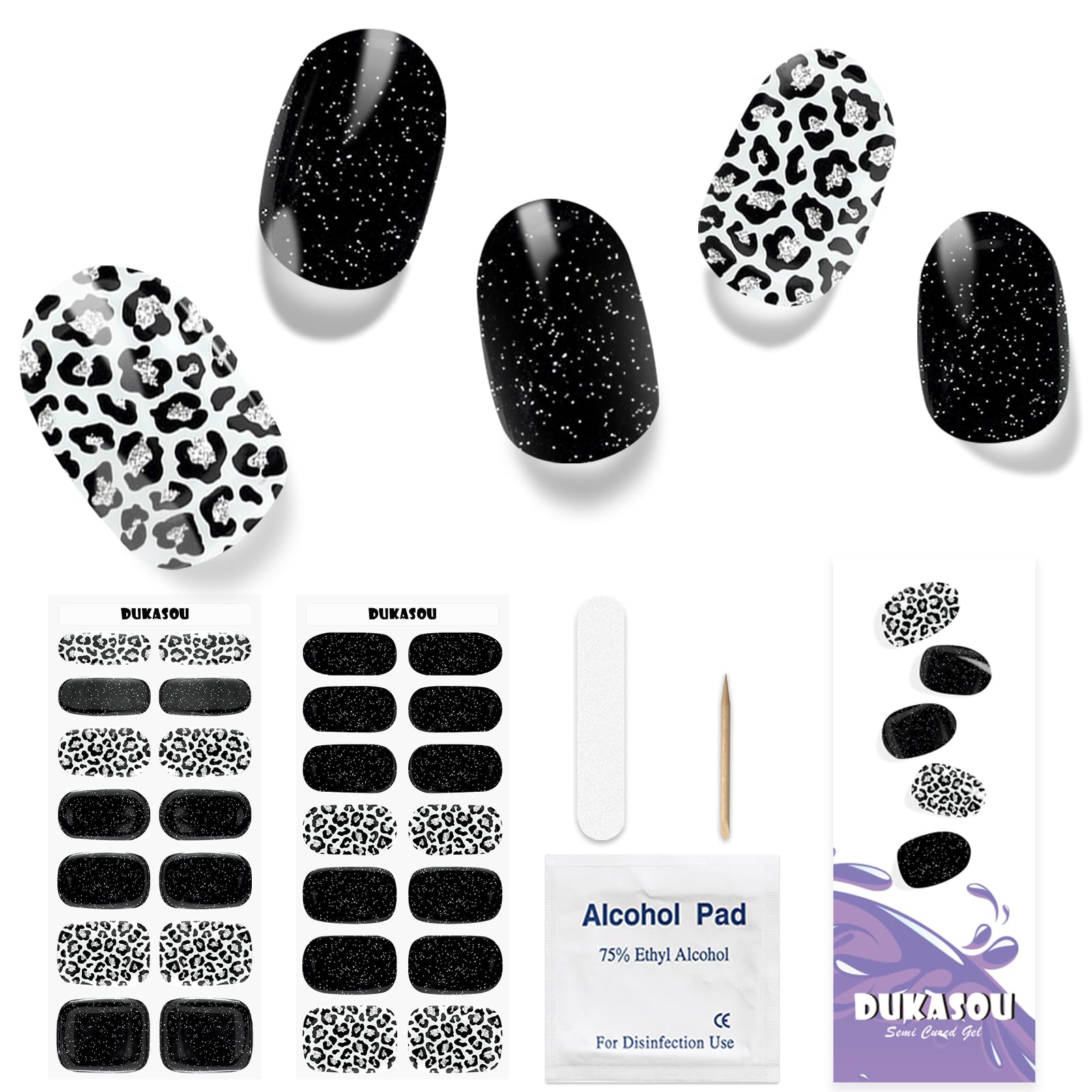 Semi Cured Gel Nail Strips, 28 pcs Nail Wraps for Women, Gel Stickers for Nails with Any UV Lamp Required,Easy to Apply (Holiday Black)