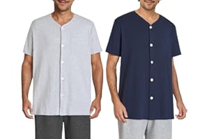 Esenchel Men's Button Up Pajama Shirt Cotton Sleep Top 2 Pack