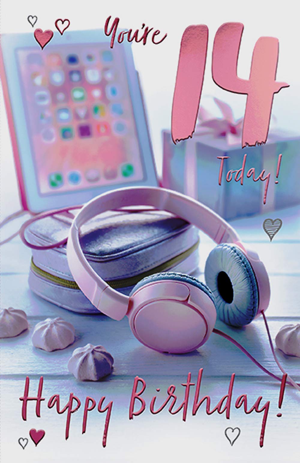 'Happy Birthday' Greetings Card - 14 Year Old Girl - Pretty Pink Headphones and Ipad - Daughter, Teenage