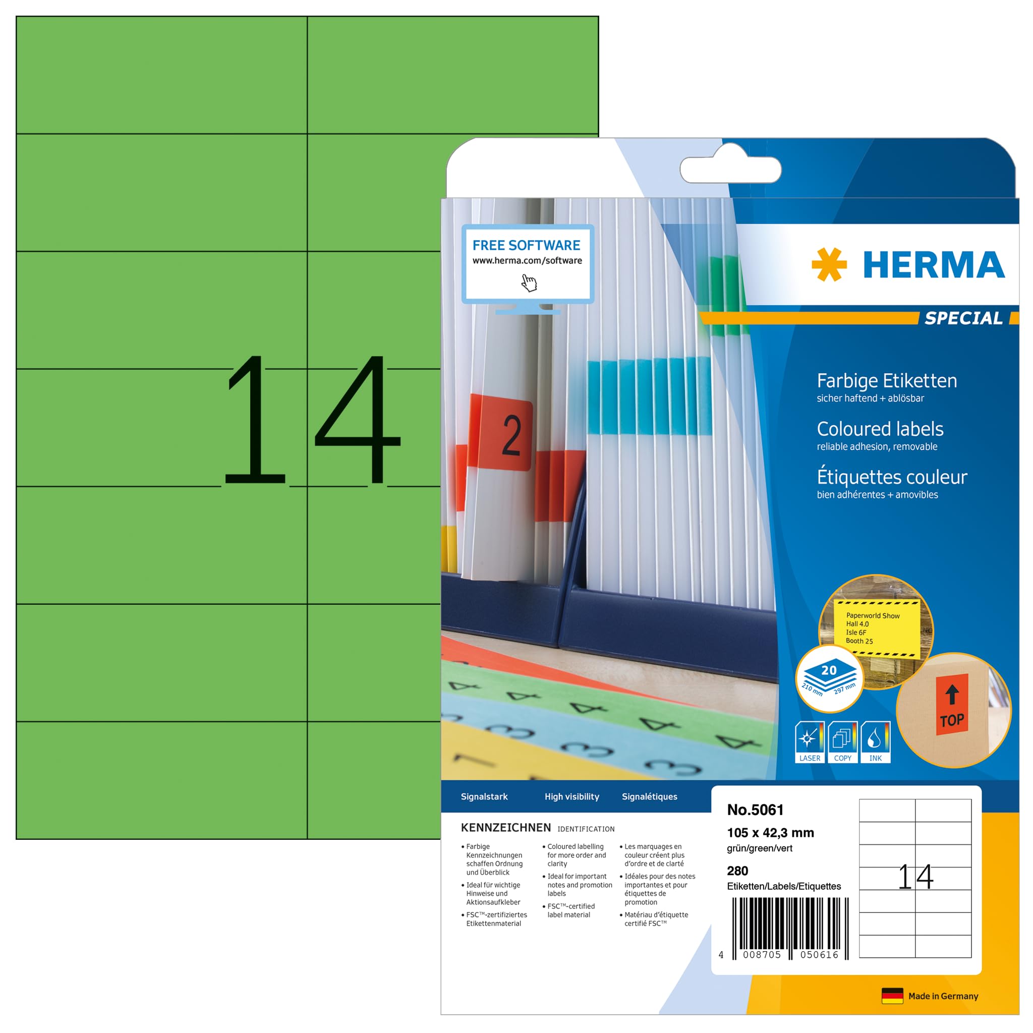 HERMA Self Adhesive Coloured Labels, 280 Labels (14/A4 Sheet, 20 Sheets), 105 x 42.3 mm, Blank Removable Colour Stickers, Suitable for Laser & Inkjet Printers, Green