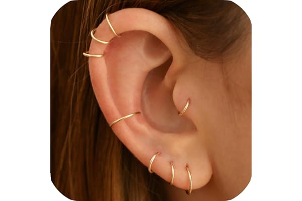 Small Cartilage Hoop Earrings for Women/Men, Thin Piercing Hoop Ring for Helix, Tragus, Conch, Nose (1 Pair 7mm,22g,14K Gold Filled)