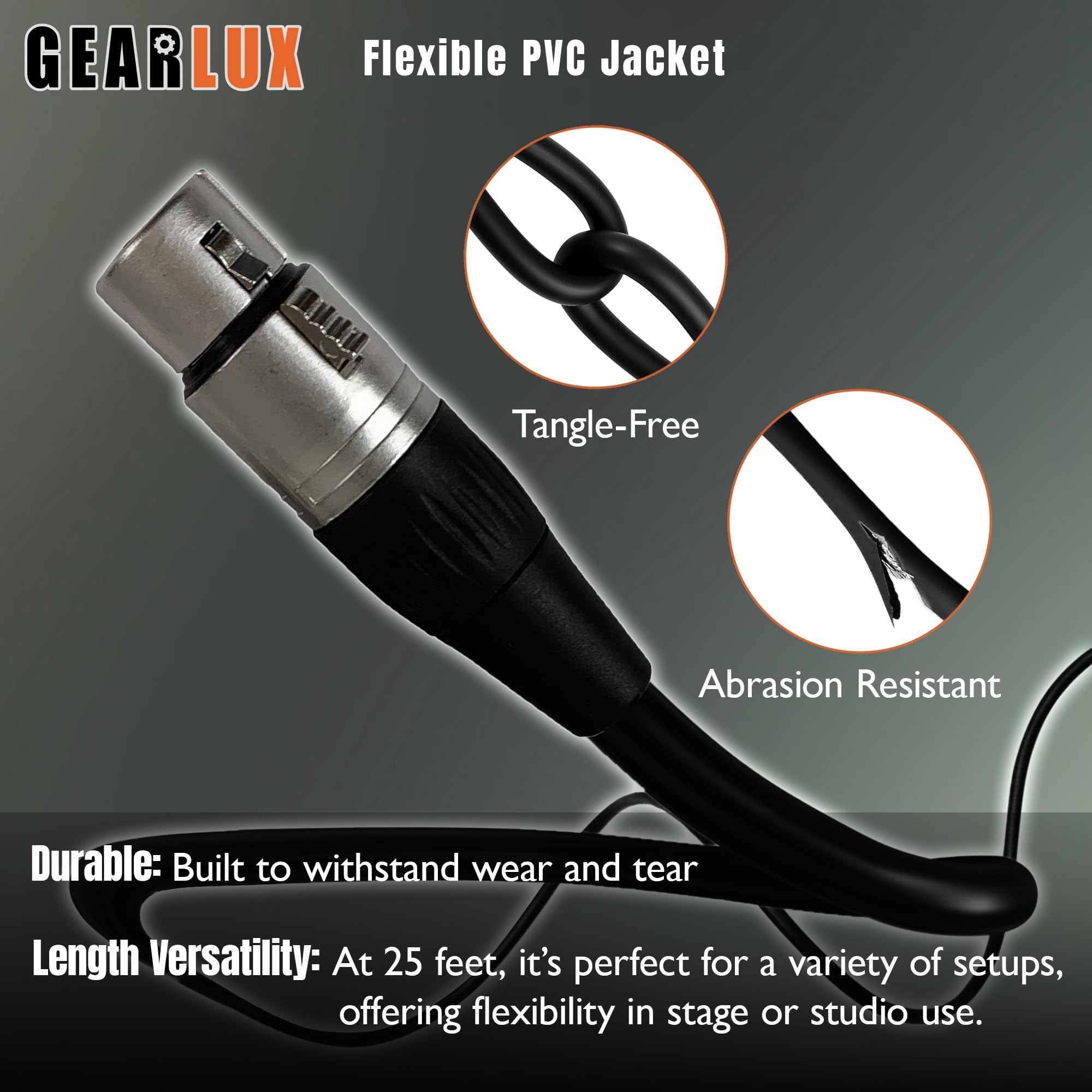 Gearlux XLR Microphone Cable, Fully Balanced, Male to Female, 25 Feet - 2 Pack