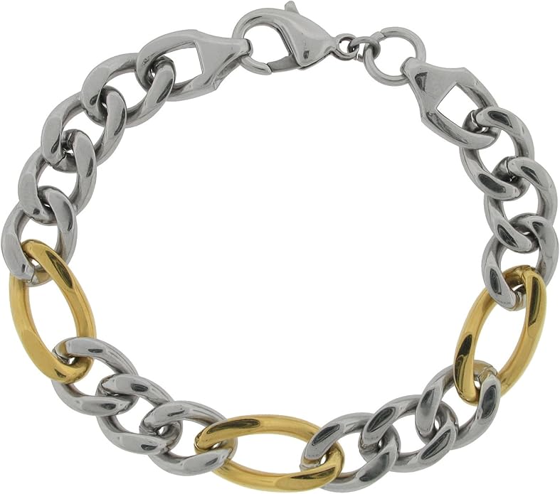 Men's Stainless Steel Figaro Bracelet with Gold Plating