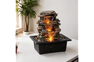 RJ-23029Tabletop Water Fountain, Home Décor Soothing Sound Machine with Automatic Pump, Deep Basin and Natural River Rocks. I