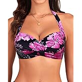 Yonique Women Halter Bikini Top Push Up Swimsuit Top Retro Swim Top Twist Front Bathing Suit Top Only