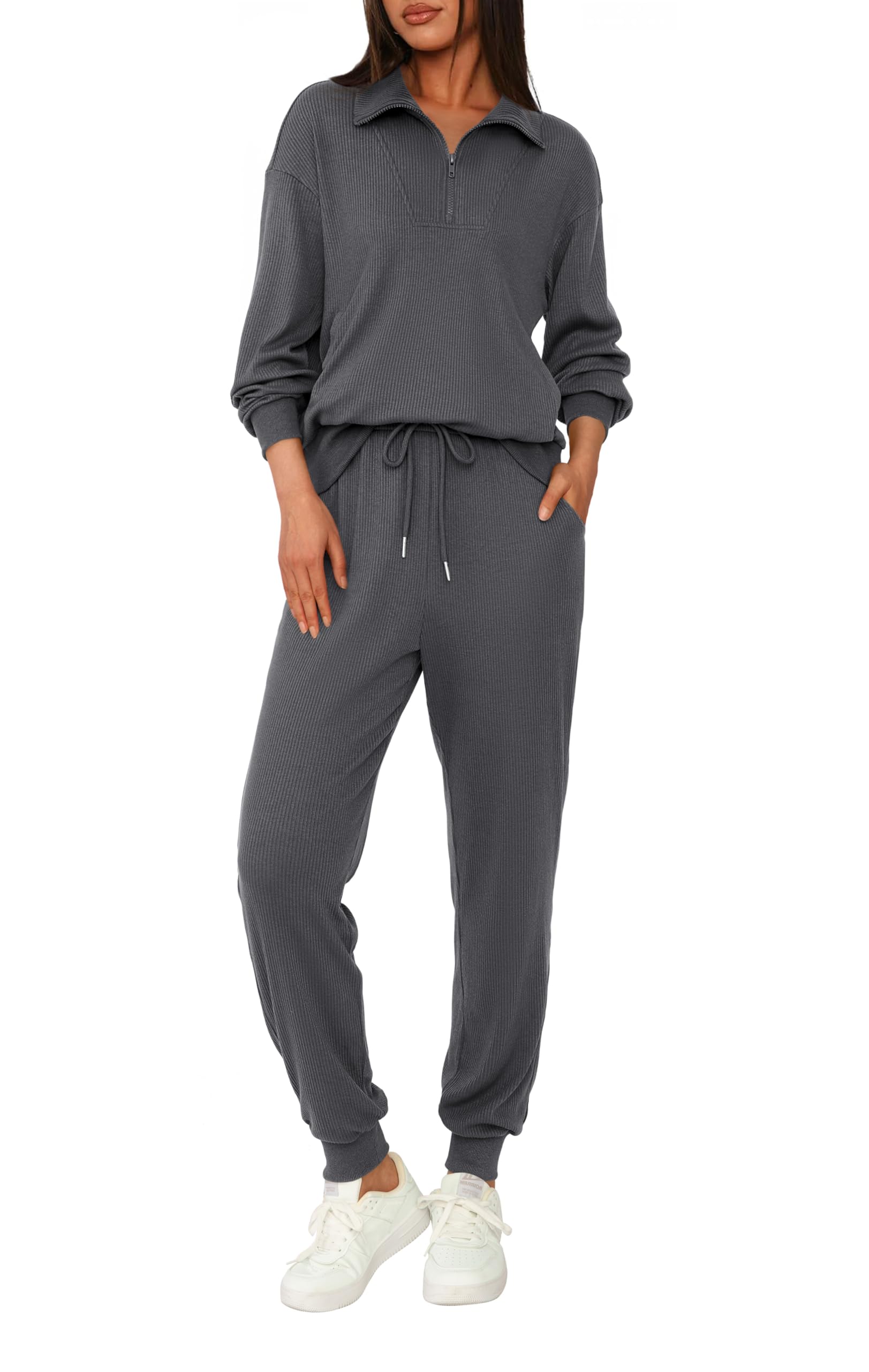 Photo 1 of ***Missing the shirt***BTFBM Women's 2 Piece Tracksuit Fall Outfits 2025 Long Sleeve Half Zip Sweatshirt Sweatpants Lounge Set Sweatsuits(Solid Dark Grey,Large)