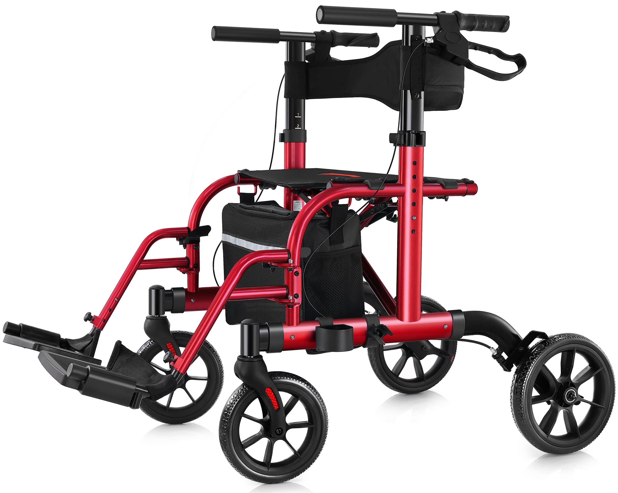 2 in 1 Rollator Walker Transport Chair for Seniors, 10” Wheels Medical Rollator for Seniors with Widen Seat Backrest, Detachable & Adjustable Footrests Folding Walker Wheelchair Combo, Red