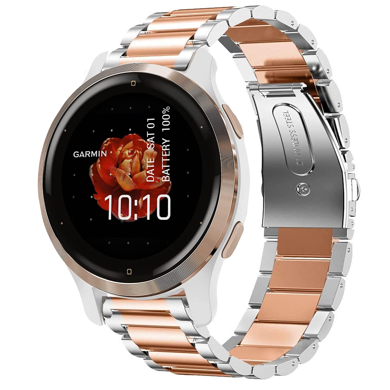 Venu 2S Band, Giaogor Quick Release Stainless Steel Metal Replacement Straps Compatible with Garmin Venu 2S Smartwatch (Silver-Rose Gold)