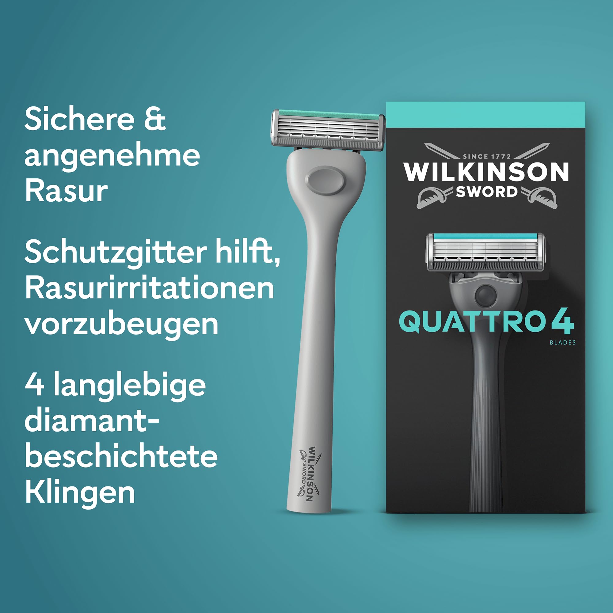 Wilkinson Sword Quattro Herrenrasierer, Vorteilspack, 4 diamantbeschichtete Klingen, Rasierergriff plus 5 Ersatzklingen 2