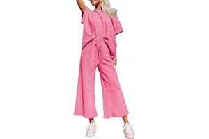 SHEWIN Women's 2 Piece Outfits Sweatsuit Casual Short Sleeve Pullover Tops and Drawstring Wide Leg Pants Lounge Sets