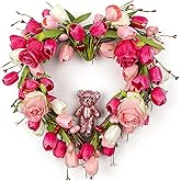 DIYFLORU 18 Inches Valentines Wreaths for Front Door Romantic Valentine Heart Wreath with Red White Pink Tulip Rose Valentine Flower Wreath for Window Wall Porch Indoor Outdoor Hanging