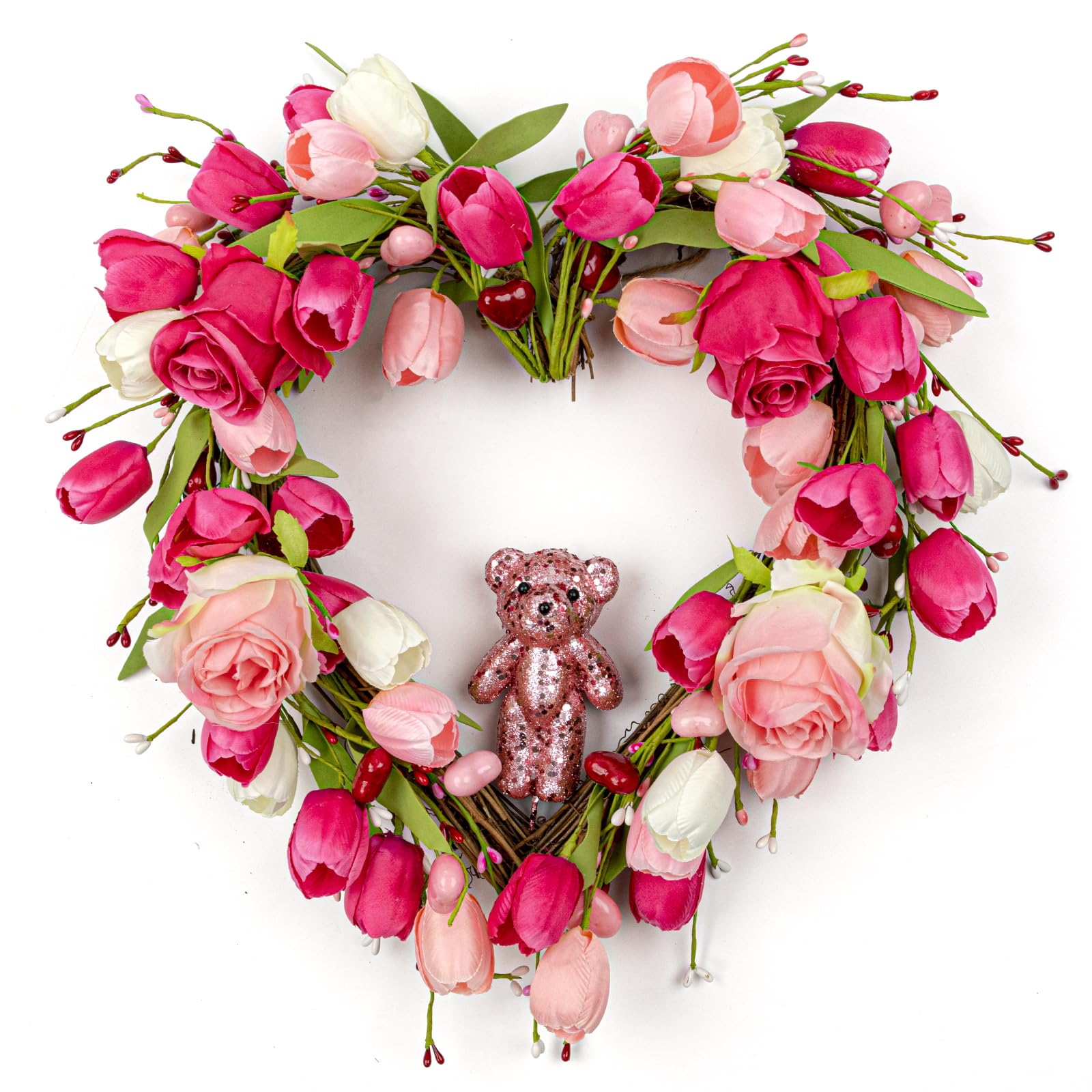 Photo 1 of DIYFLORU 18 Inches Valentines Wreaths for Front Door Romantic Valentine Heart Wreath with Red White Pink Tulip Rose Valentine Flower Wreath for Window Wall Porch Indoor Outdoor Hanging