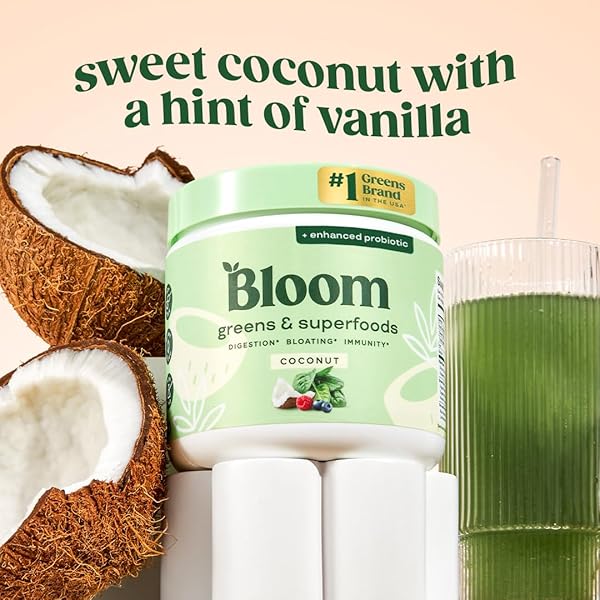 BLOOM NUTRITION SUPERFOOD GREENS POWDER, DIGESTIVE ENZYMES WITH PROBIOTICS AND PREBIOTICS, GUT HEALTH, BLOATING RELIEF FOR WOMEN, CHLORELLA, GREEN JUICE MIX WITH BEET ROOT POWDER, 30 SVG, COCONUT