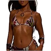 RoseSeek Women's Triangle Bikini Top Floral Boho Padded String Halter Bathing Suit Swim Tops Beachwear