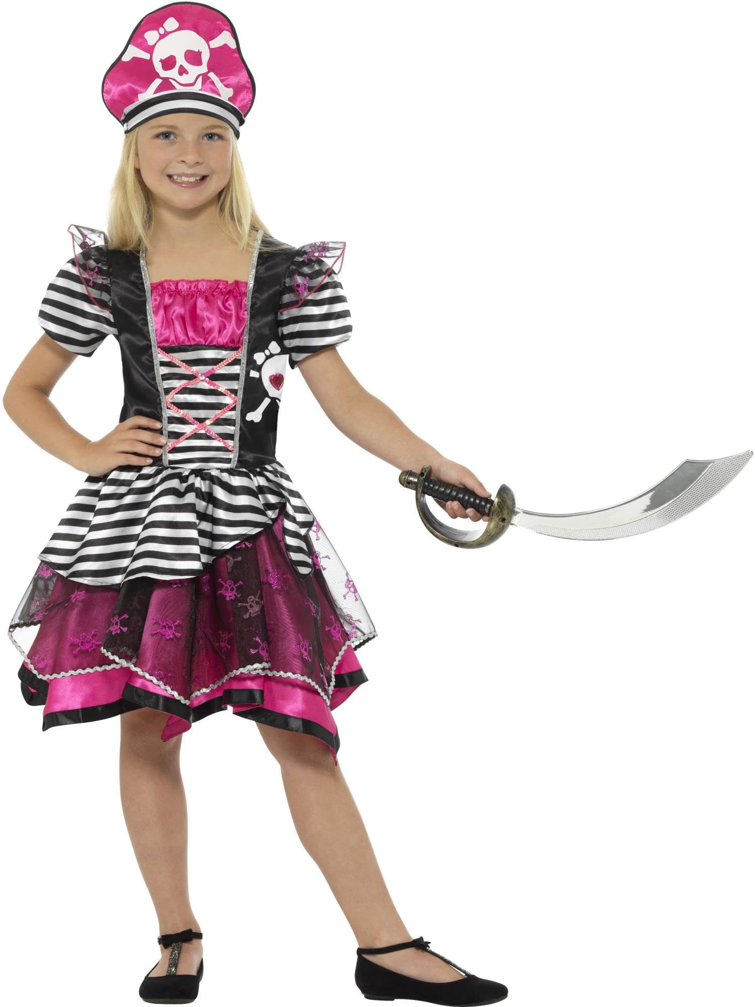 Smiffys Perfect Pirate Girl Costume, Black & Pink with Dress & Hat, Girls Fancy Dress, Pirate Dress Up Costumes
