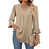 Funlingo 3/4 Sleeve Tops for Women Dressy V Neck Tunic Work Blouses Fall Chiffon 2025 Fashion Office Shirts