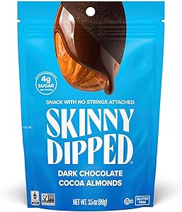 SkinnyDipped Dark Chocolate Cocoa Almonds, Healthy Snack, Plant Protein, Gluten Free, 3.5 Oz Resealable Bag, Pack of 1