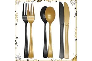 JOY AKKESS 150 Pcs 2026 New Year Black and Gold Silverware Set Heavy Duty Black Plastic Silverware and Gold Plastic Cutlery for Birthday Party, 2026 New Year