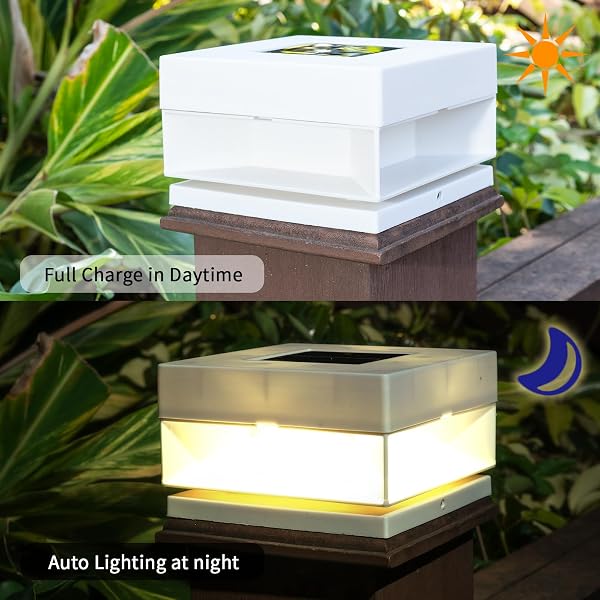 SOLAR POST CAP LIGHTS,50 LUMEM BRIGHTNESS,2 MODES WARM WHITE/BRIGHT WHITE OUTDOOR FENCE POST CAP LIGHT GARDEN DECOR LITHIUM BATTERY POWERED LIGHTING FITS FOR 4X4 5X5 WOODEN POSTS 4X4 5X5 VINYL POSTS
