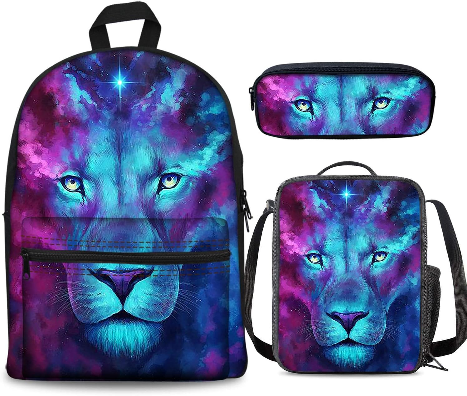 PrelerDIY Tie Dye Galaxy Lion Backpack Set 3 Piece 17 Inch Plus Book Bag Lunch Box Pencil Case for Boys Girls 1-6th Grade Kids Back to School