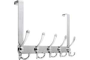WEBI Over The Door Hook,Door Hanger Hook Rack with 5 Tri Hooks for Hanging Coats, Over The Door Towel Rack Door Coat Hanger Door Coat Rack for Bathroom,Behind Back of Door,Silver