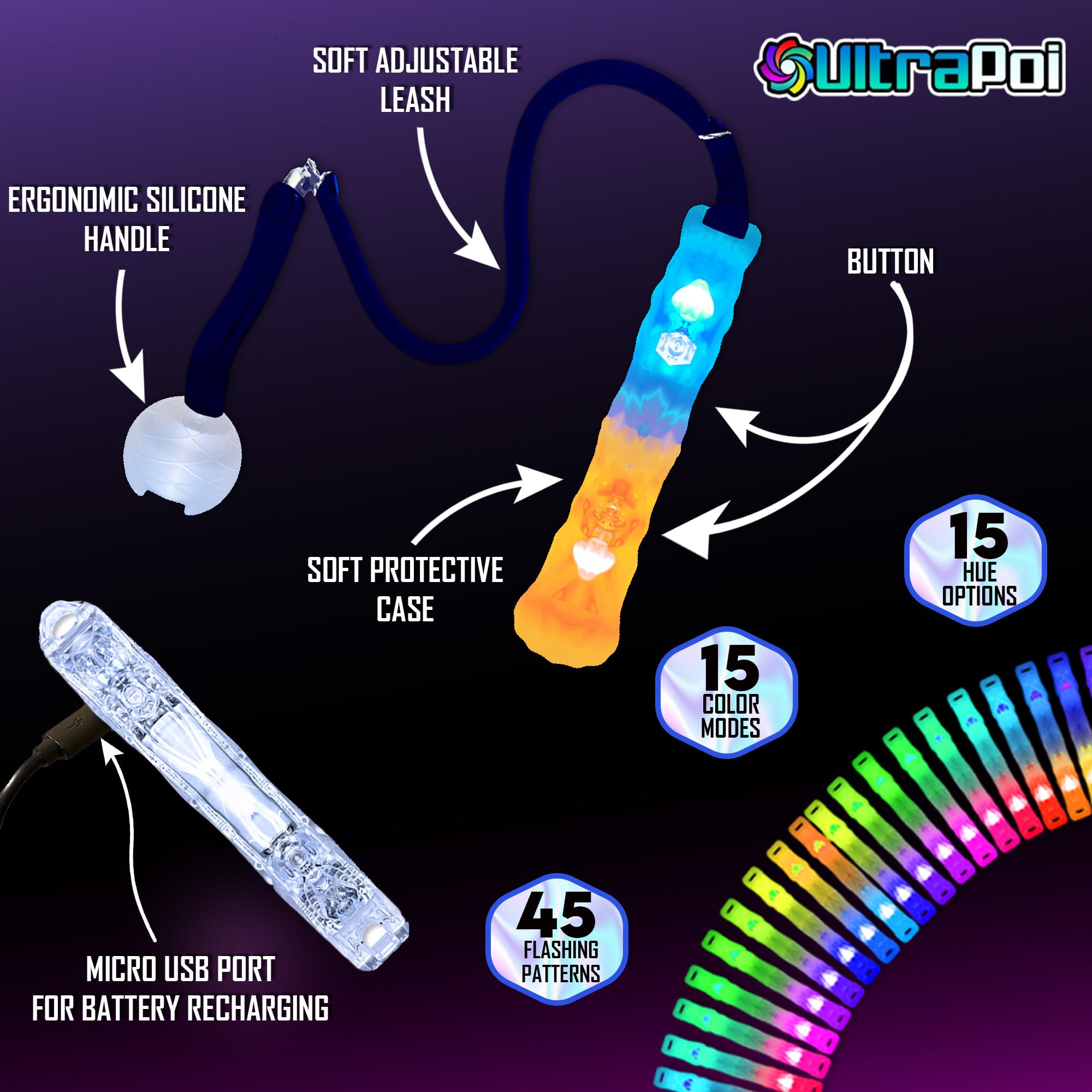UltraPoi HelixPoi Pro Set – Rechargeable LED Poi w/ 50+ Color Modes – Spinning Light Flow Toys w/Non-LED Knob Handles, Soft Cases & Adjustable Leashes – Visual Poi for Rave, Parties & Performance