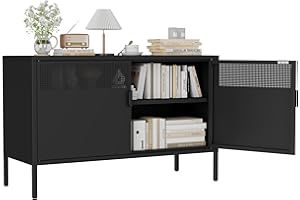 Firmet Metal Storage Cabinet with 2 Doors & Adjustable Shelves, 25" H Black Accent Cabinet, Metal Locker Storage Cabinets, Tv