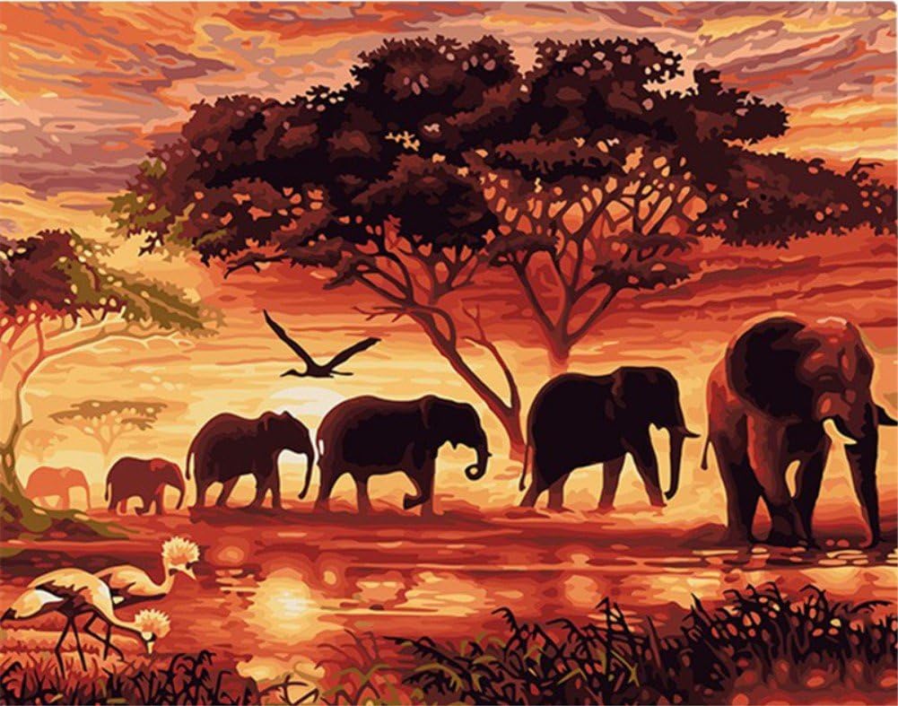 ABEUTY DIY Paint by Numbers for Adults Beginner - Sunset and Elephant, African Art 16x20 inches Number Painting Anti Stress Toys (Wooden Framed)
