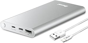 Power Bank, BONAI 12000mAh Portable Charge Travel, (Aluminum)(Powerful) USB C High-Speed 3.0A Input/Output Battery Compatible with iPhone iPad Samsung Android -Silver (Charging Cable Included)
