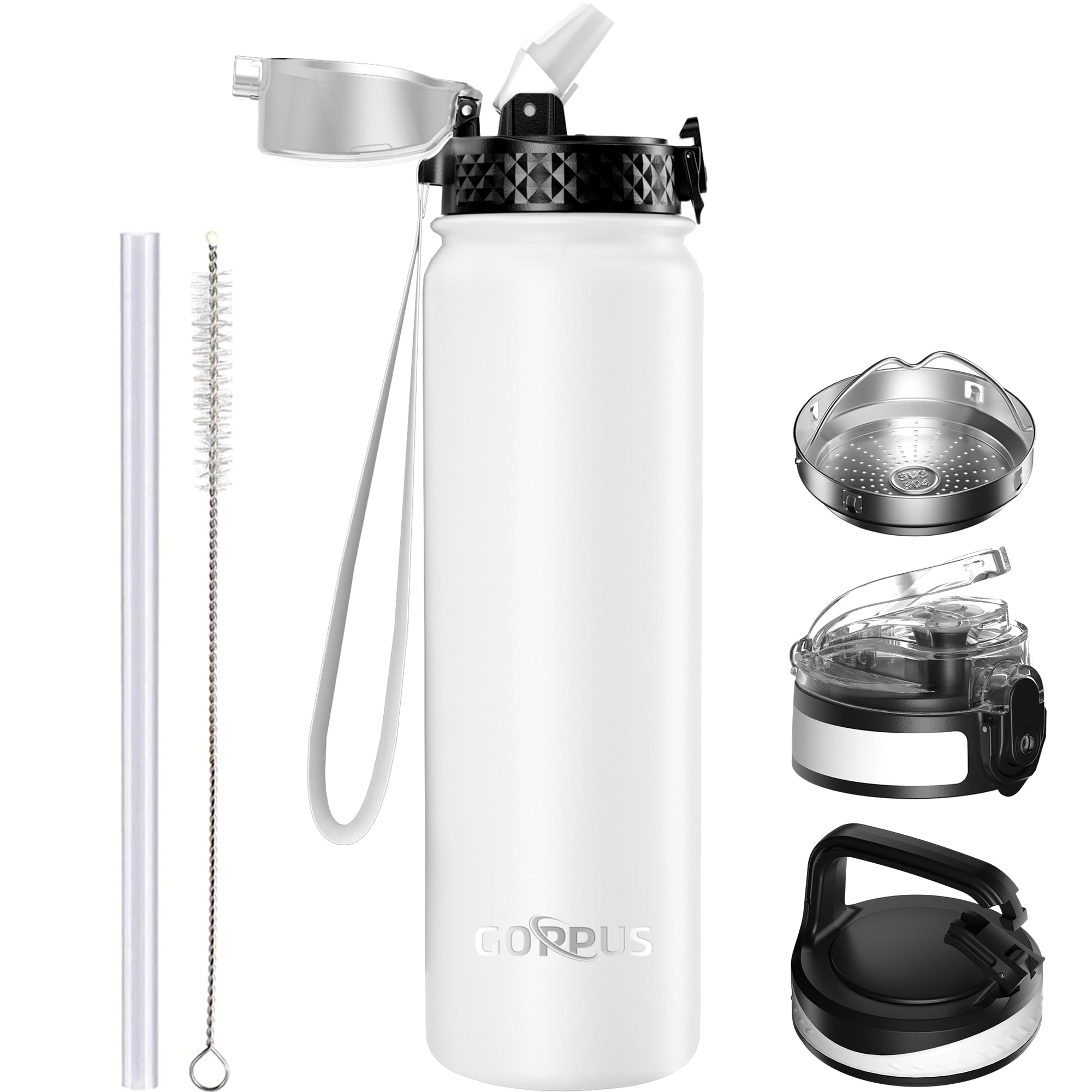 GOPPUS 1L/32oz Stainless Water Bottle with Straw Double Wall Insulated Bottles with Strap Reusable Vacuum Thermal Flask Leakproof Keep Cold Drinks Bottles with Flip Top Lid for Gym Men Women BPA Free