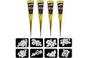 Pure Natural Plant-Based Henna Hair Dye | 4 x 25g Ready-to-Use Cones with 8 Body Art Stencils（Black Color）