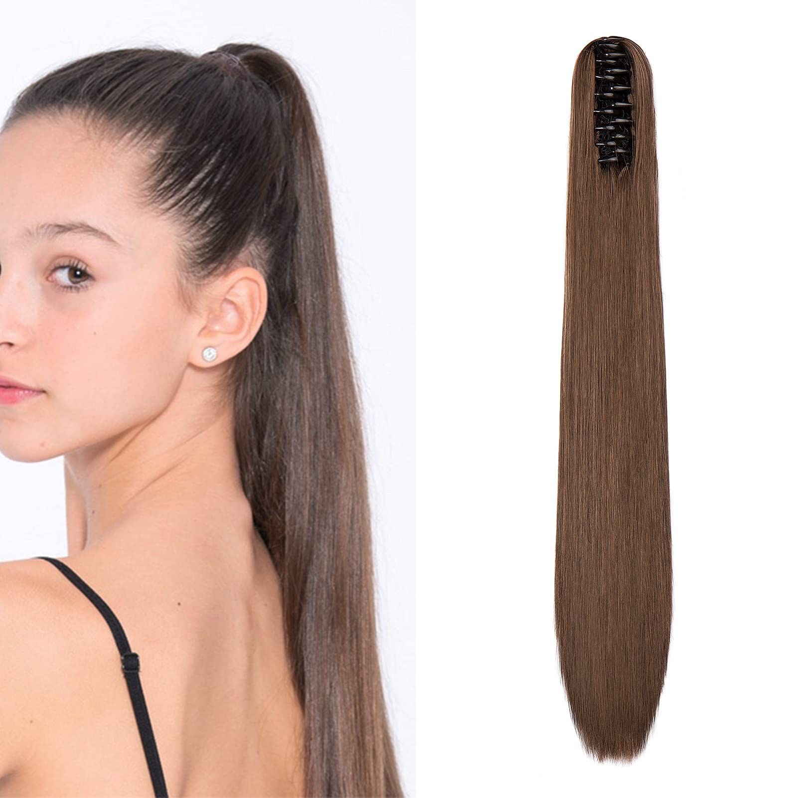 Cybelleza 22inch Ponytail Hair Extensions Ponytail Claw Jaw on Long Straight Pony Tails Clip in Hair Extensions Synthetic Hair pieces for Women (Dark Brown&Light Auburn)