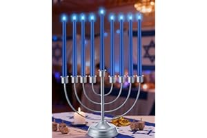 HIBOOM Traditional Hanukkah Menorah with 9 Blue Flameless Candle Lights, 11 Stainless Steel Menorah Candle Holder, Battery Operated or Real Wax Candles, Light Up Menorahs for Chanukah, Hanukkah Decorations