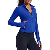 PINSPARK Women Cropped Workout Jackets Full Zip Slim Fit Athletic Jackets Thumb Holes Running Jacket with Zipper Pockets