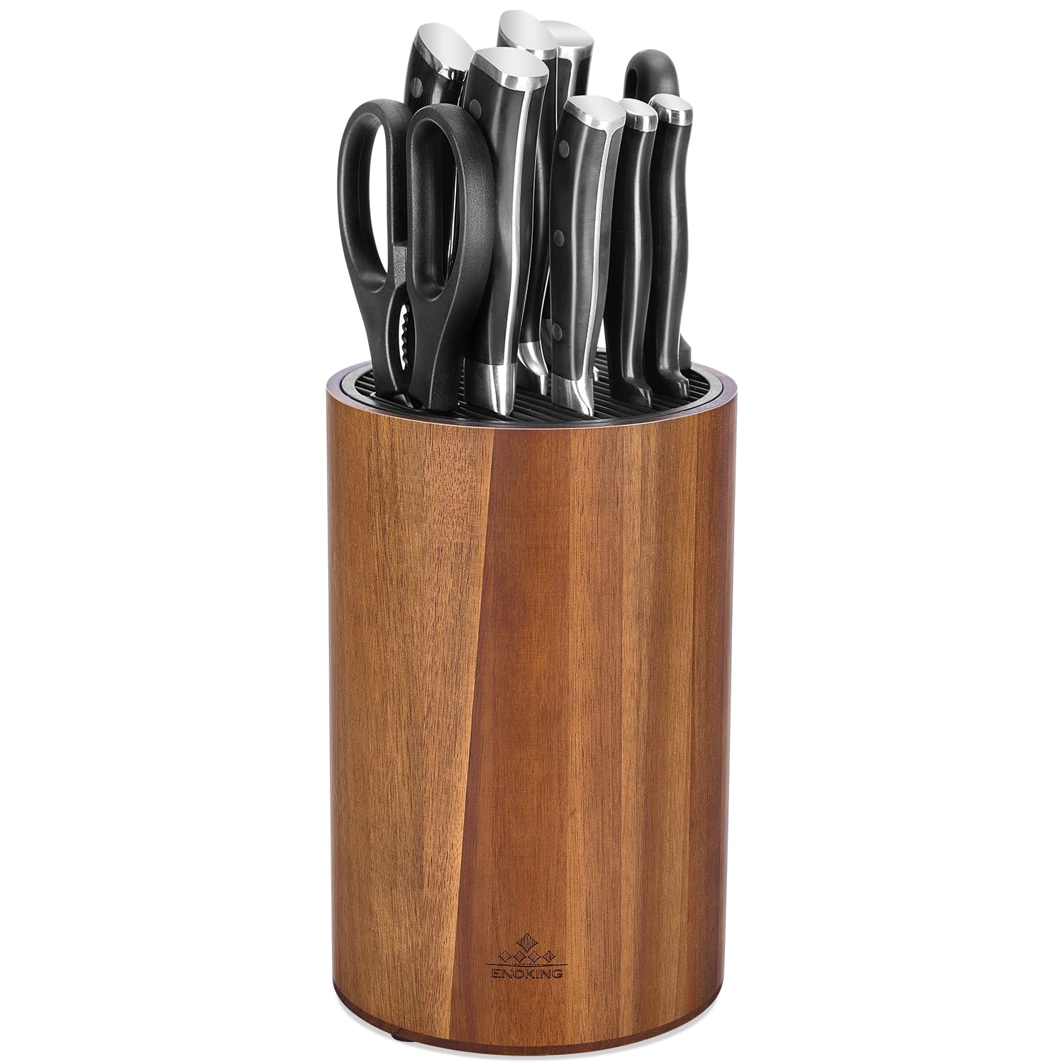 Photo 1 of Enoking Universal Knife Block Holder with Plastic Lid, Acacia Wood Knife Block without Knives for Scissors, Sharpening Rod and Knives, Round Knife Storage Organizer Display