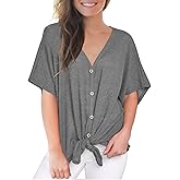 MIHOLL Womens Loose Blouse Short Sleeve V Neck Button Down T Shirts Tie Front Knot Casual Tops