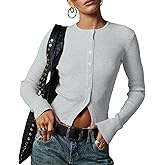 AKLOPVII Women Casual Front Open Button Down Ribbed Cropped Cardigan Y2k Crewneck Slim Fit Long Sleeve Sweater Shirts